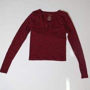 NEW Free People Intimately Long Sleeves V-Neck TOP Petite Red Stretchy Comfy